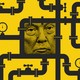Illustration with black-and-white photo of Donald Trump’s face surrounded by a maze of oil pipes with a yellow backdrop