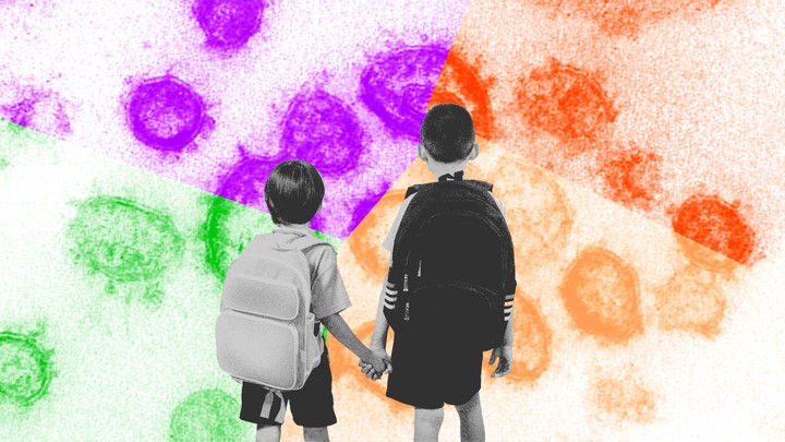 Two children wearing backpacks face a magnified image of virus particles.