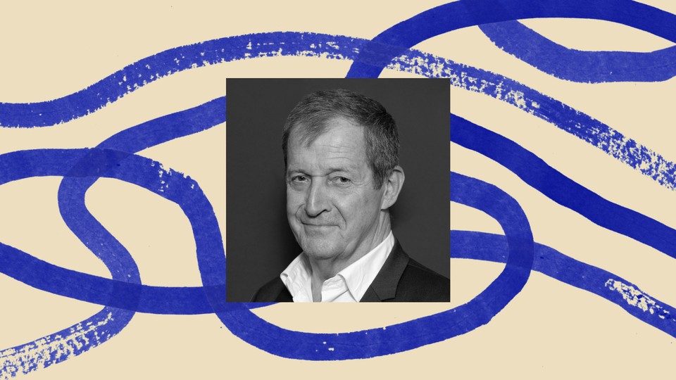 A black-and-white photo of Alastair Campbell bordered by an illustration