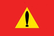 Triangular yellow road sign, but the exclamation mark looks like a launching missile