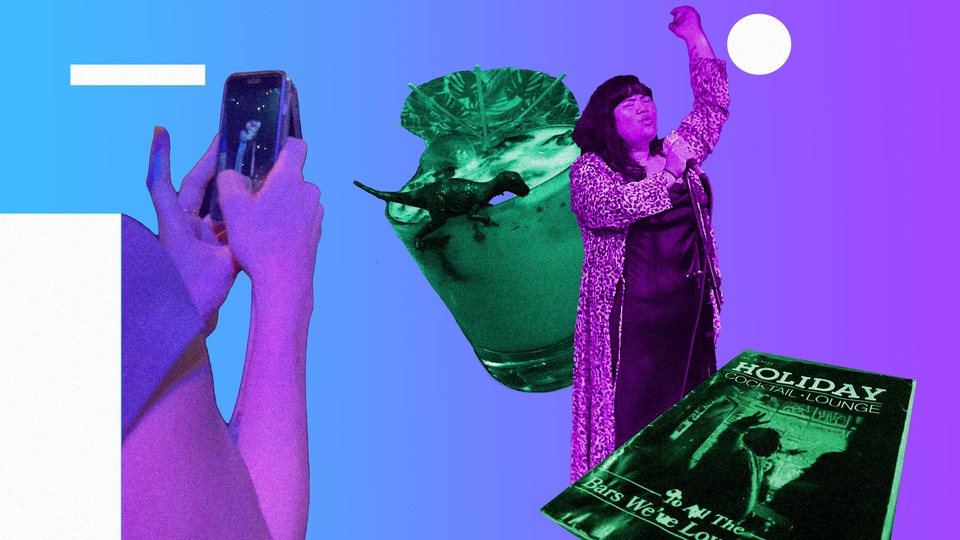 A woman's hands, taking a cell phone photo of another woman singing. Collaged with cut-out images of a cocktail and a cocktail menu.