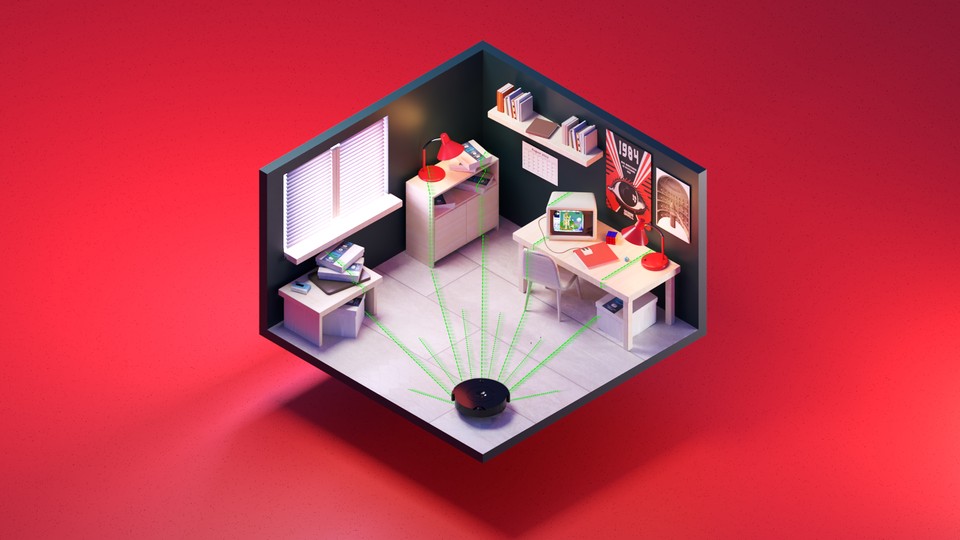 An illustration of a small office with a Roomba tracking everything in it, on a red background.