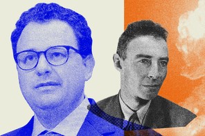 A collage that includes the faces of Dario Amodei and J. Robert Oppenheimer