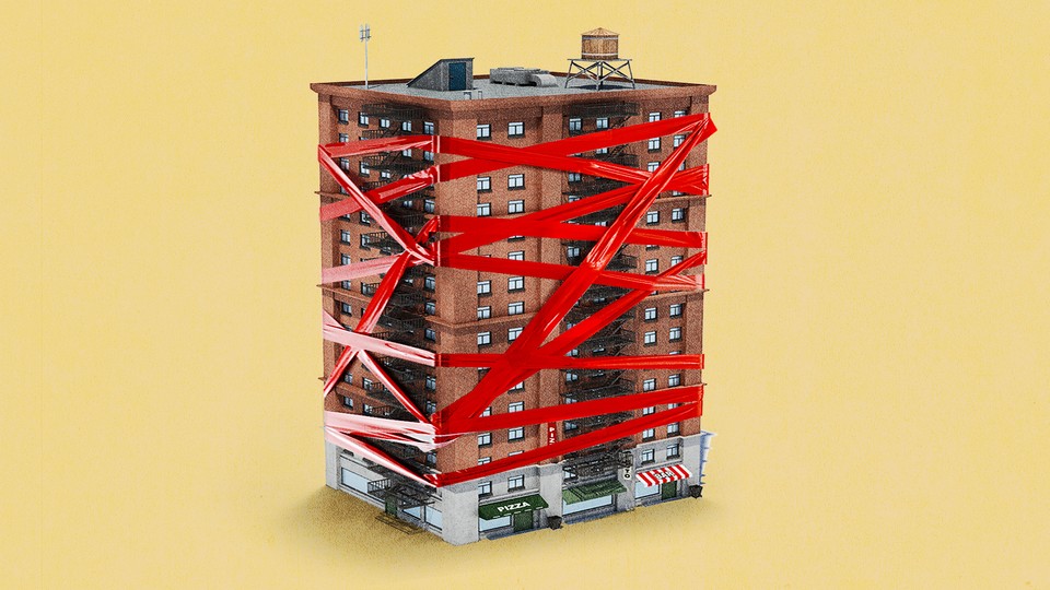 Illustration of a building wrapped in red tape