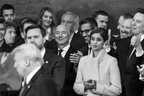 Donald Trump's guests—including tech leaders Mark Zuckerberg, Jeff Bezos, Sundar Pichai, and Elon Musk—stand next to him during his inauguration speech.