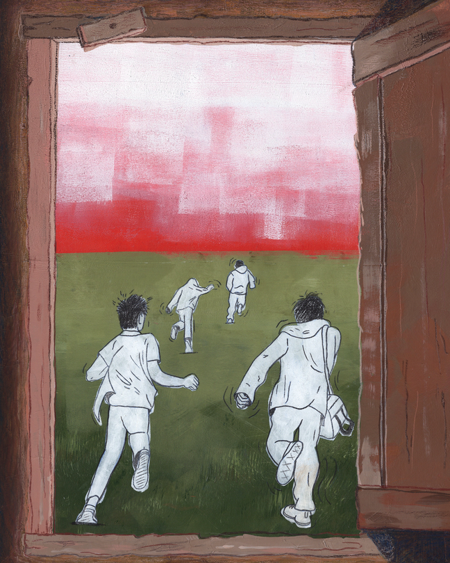 illustration of painted wooden doorframe with four figures fleeing into the distance