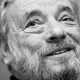 A black and white portrait of Stephen Sondheim