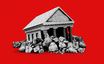 A photo-illustration of a collapsed neoclassical bank building