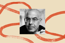 A black-and-white photo of David Brooks, surrounded by an illustrated border