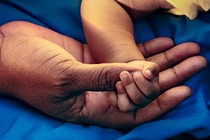 A baby's hand holds an adult's thumb
