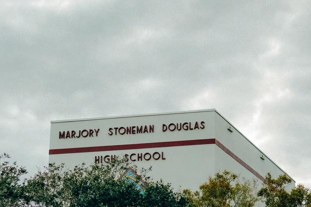 photo of building with "Marjory Stoneman Douglas High School" on it, behind trees against cloudy gray sky