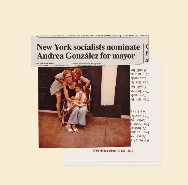 illustration with newspaper clipping of headline "New York socialists nominate Andrea González for mayor" and photo of man and woman embracing small child