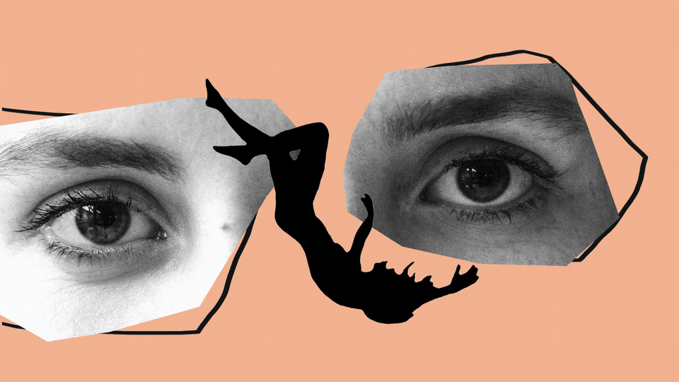 An illustration of two eyes watching a silhouette fall.