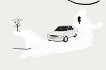 A drawing of a car and trees on white paint