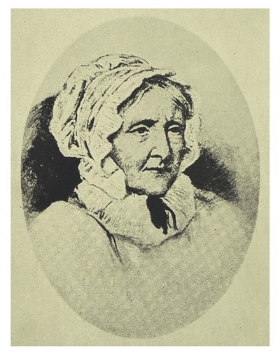 black-and-white portrait of elderly woman in bonnet and high collar