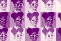 Collage of a woman with sunglasses smiling