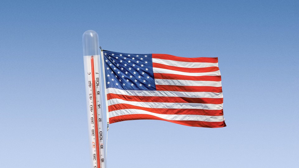 An American flag for which the pole is a thermometer