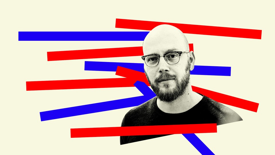 The writer Jonathan Katz with thick red-and-blue lines around him