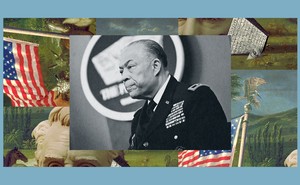 Sergeant-at-Arms William Walker addresses the media at the Pentagon. The image is set into a frame featuring The Experiment's show art.