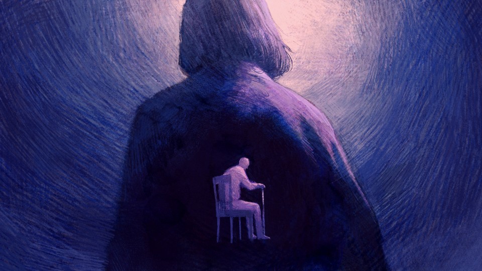 The back of a woman, with the image of an elderly person seated on a chair inside of her