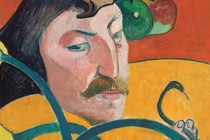 Painted stylized self-portrait of man's face with dark hair and mustache, surrounded by vines, fruit, and orange and yellow fields of color.