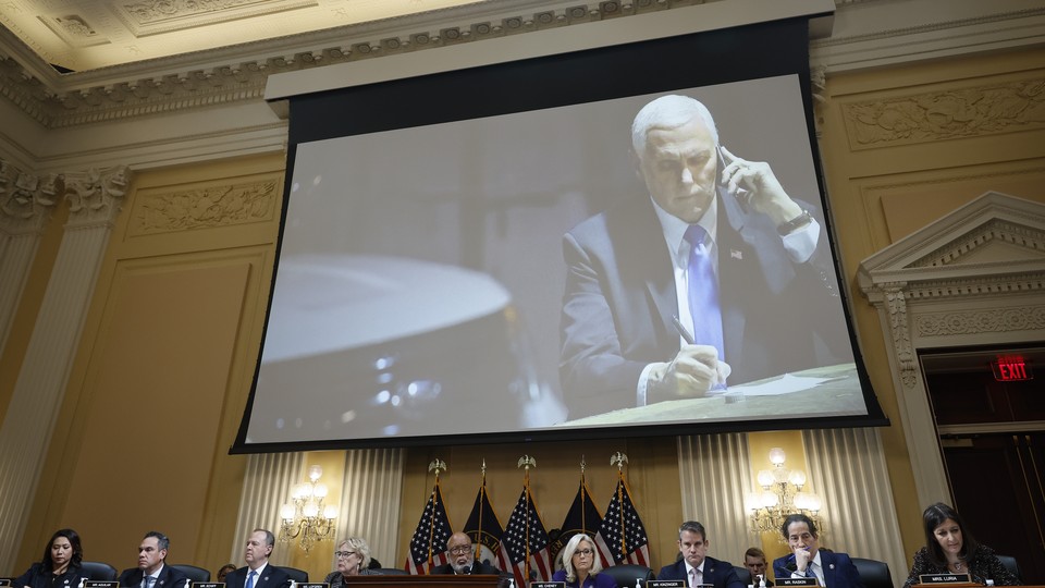 An image of Mike Pence at the final public meeting of the House Select Committee investigating the January 6 attack