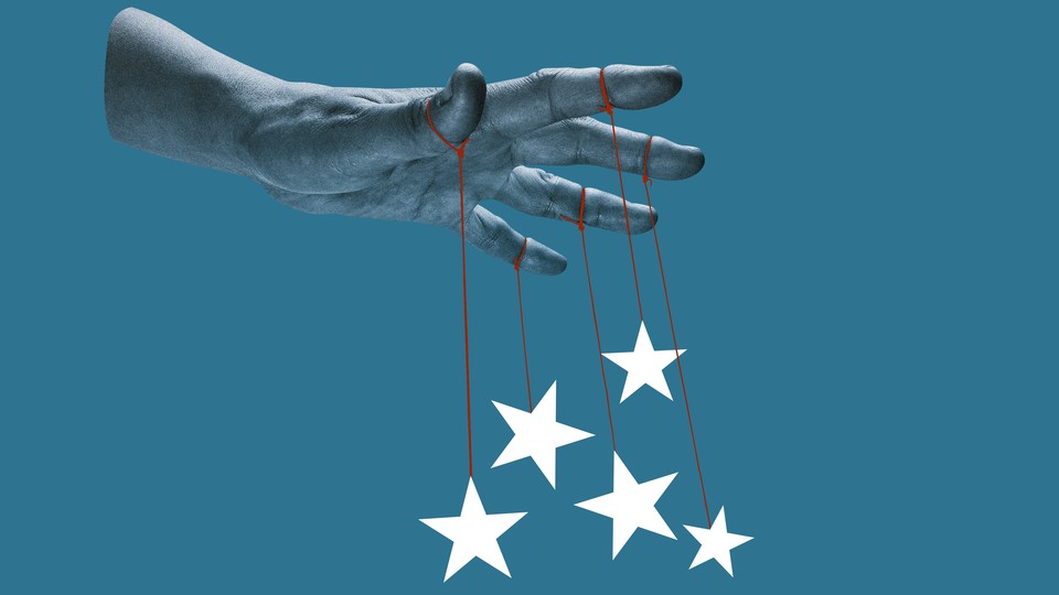 Suspended on a blue background is a photo of a hand with outstretched fingers. Tied around each finger is a red string and at the end of each string is a white star.