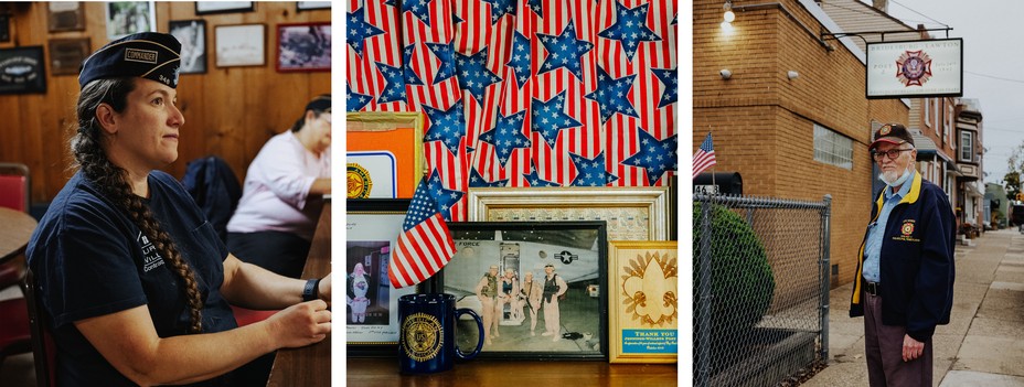 triptych: female vet in profile, still life of vet pictures, american flag wall papger, and a flag, female vet in profile