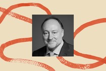 A black-and-white photo of Andrew Roberts bordered by an illustration