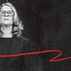A graphic illustration featuring a black-and-white photo of Christine Blasey Ford on the left and a bright-red swatch on the right; a bright-red pen squiggle connects them.