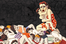 painting of horrified woman wearing red with white polka dots, clutching living child in her arms while crouching next to tangled pile of dead children in pool of red blood with black background