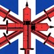 A stylized British flag, with syringes through the middle.