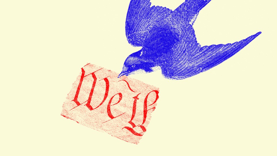 An illustration of a bird carrying a scrap of the Constitution
