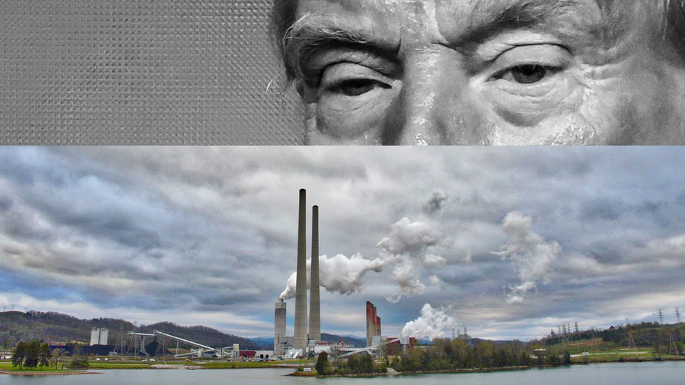 a thin horizontal cut of trump's eyes in grayscale, over a power plant operated by the Tennessee Valley Authority