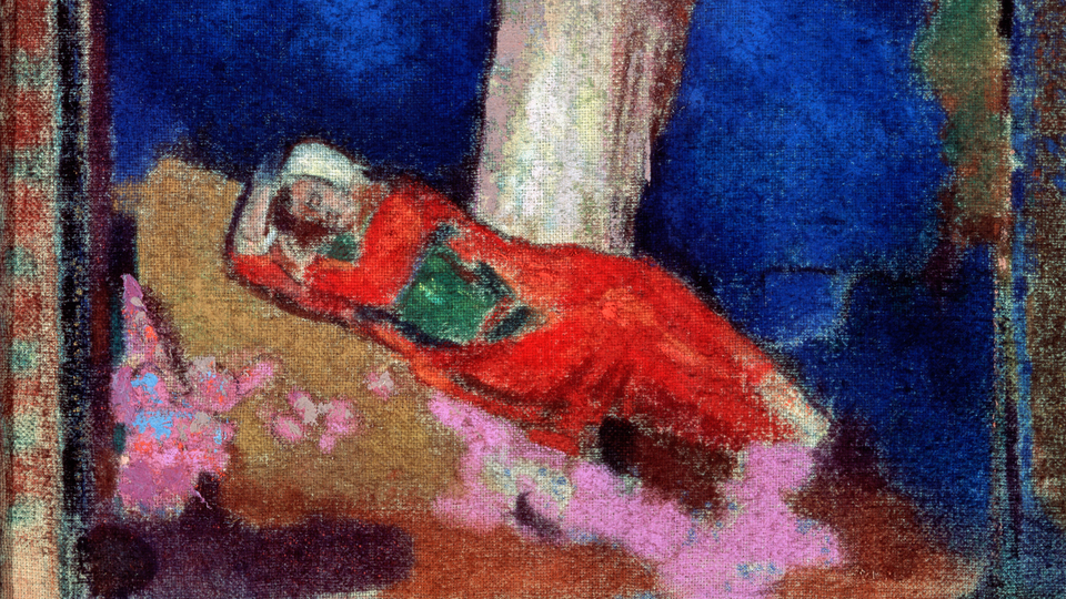 Women in painting lays down with eyes closed.