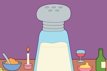 illustration of table set with salad, bread, wine, dominated by enormous shaker of salt on purple background