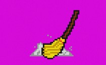 Pixelated illustration of a broom on a fuchsia background