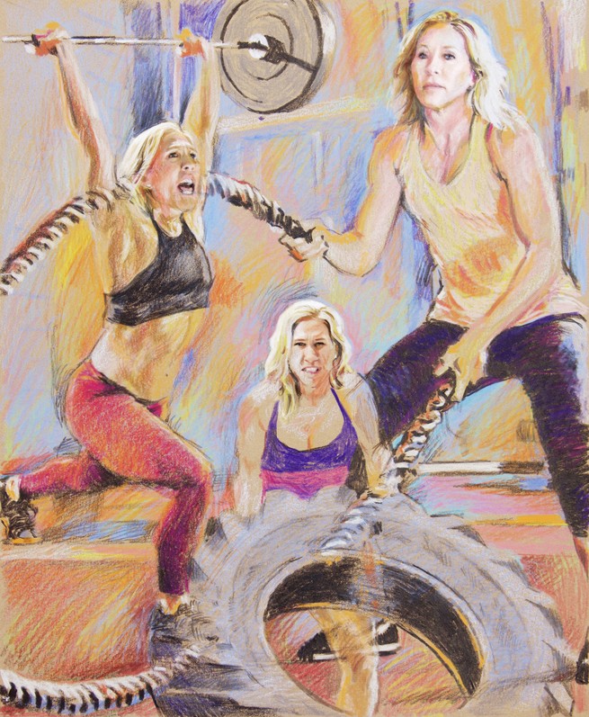 Illustration of several overlapping images of Marjorie Taylor Greene working out: holding large barbell overhead and yelling; pushing a tractor tire; holding heavy ropes