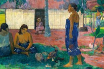 a painting by Paul Gauguin showing a woman in blue walking in front, two women seated on the grass a woman seated in front of a house, and two women walking in the background