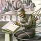intricate illustration of seated man with glasses gagged and bound with ropes writing a book on a balcony overlooking coastal cityscape with Hagia Sophia–like mosque and shoreline
