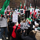 Protesters in New York City carry Iranian royalist flags and placards.