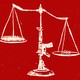 Illustration of the scales of justice balanced on a rifle