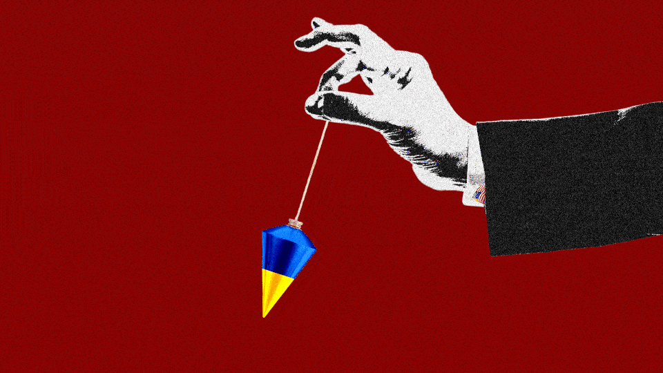 An illustration of a black-and-white hand with an American flag cufflink holding an ornament, which is blue and yellow (the colors of the Ukrainian flag) and swinging back and forth like a pendulum