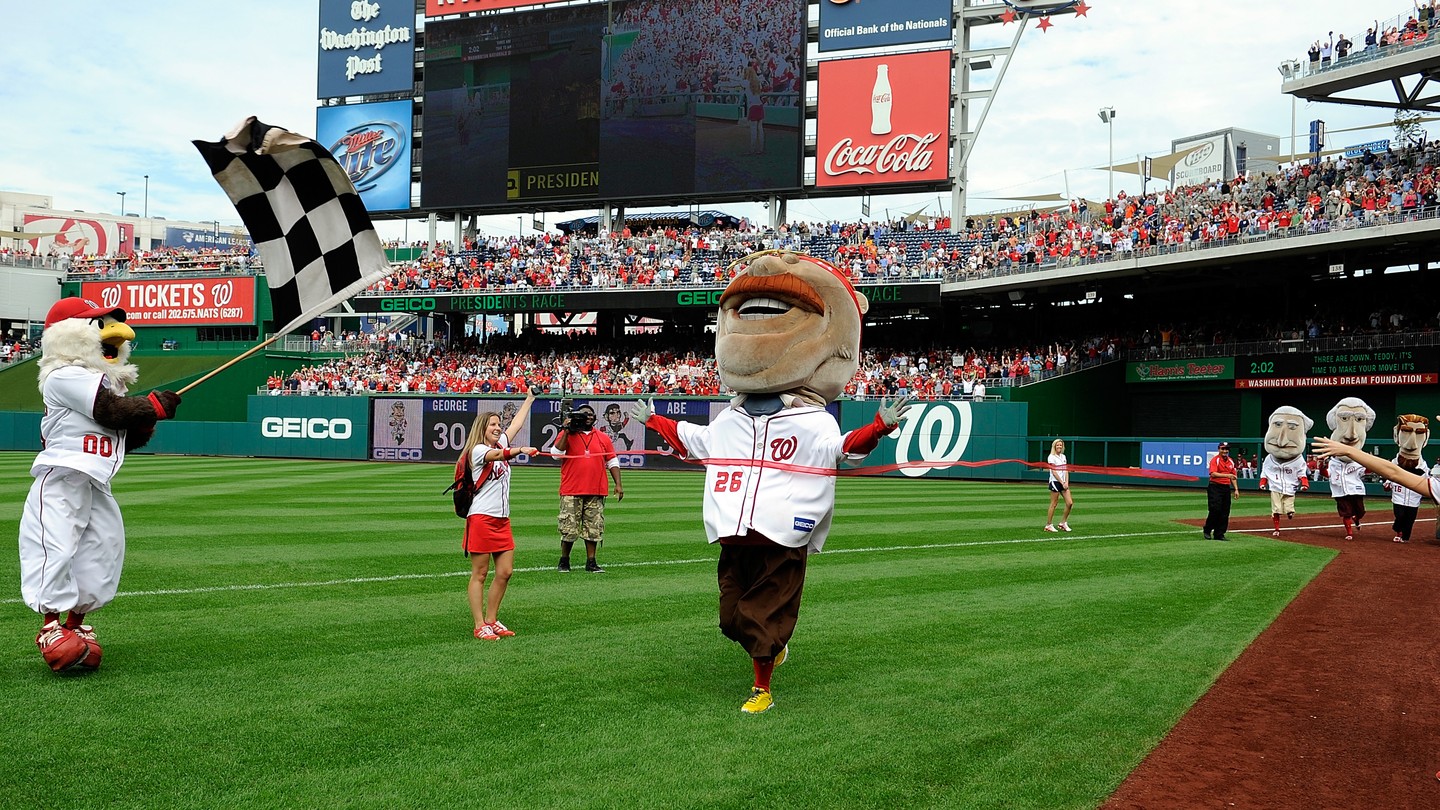 Washington Nationals mascot Teddy Roosevelt wins the presidents' race, a home game tradition at Nationals Park in Washington, D.C.