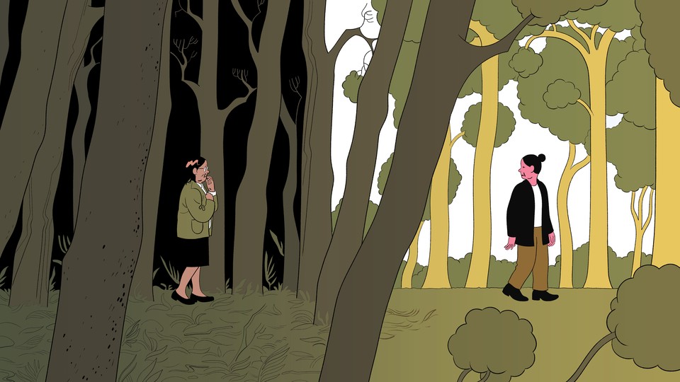 An illustration of a woman in a dark forest, with another woman in the light looking back at her.