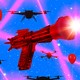 Illustration of a science fiction style laser gun surrounded by drones and balloons against a starry blue sky.