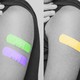 Photos of a person's rolled-up sleeve, with either one or two band-aids on the shoulder