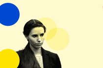 Rachael Denhollander is featured on a yellow background with five red, blue, and yellow circles spaced randomly around her