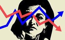 A black-and-white image of Sheryl Sandberg's face covered with spiking line-graph arrows