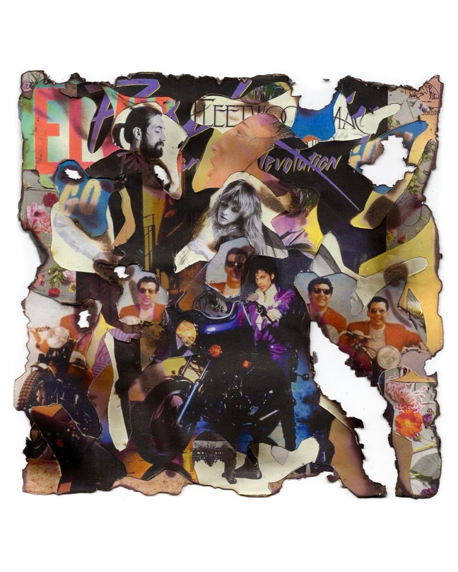 In a photo collage, music albums are layered and burned
